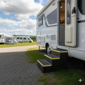 Durable heavy-duty wide-entry steps positioned outside a motorhome at a UK holiday park.