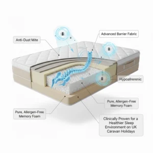 Illustration highlighting the anti-dust mite and hypoallergenic properties of a caravan island bed mattress.