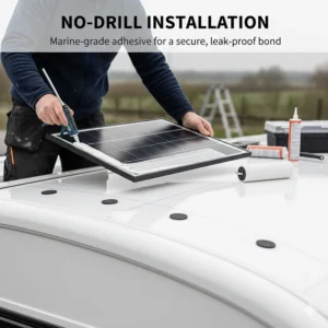 Illustration of the no-drill installation process using marine-grade adhesive to bond a flexible panel to a curved caravan roof.