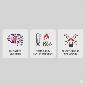 Icon set detailing UK safety certifications, including UKCA marks, overload protection, and short-circuit safeguards for peace of mind.
