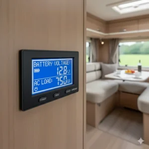 Close-up of a wall-mounted LCD remote control panel displaying battery voltage and AC load in a wood-panelled motorhome interior.