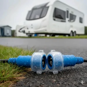 IP44 rated weatherproof connectors on a caravan mains lead, suitable for typical British rainy weather.