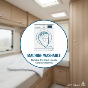 Icon showing the machine-washable properties of caravan bedding for short length beds.