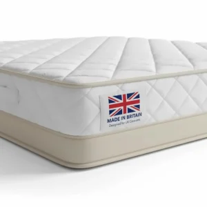 A "Made in Britain" seal on a memory foam mattress designed specifically for UK caravan layouts.