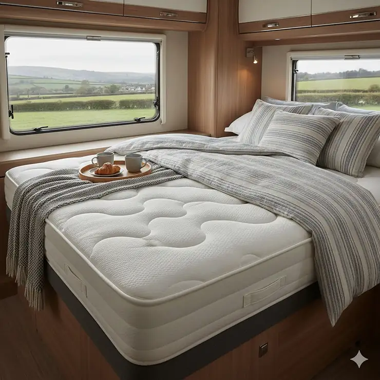 A luxury memory foam caravan mattress fitted onto a fixed island bed in a modern UK touring caravan memory foam caravan mattress for fixed island bed