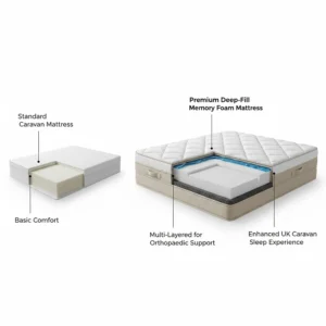 Side-profile illustration comparing a standard caravan mattress with a premium deep-fill memory foam version.