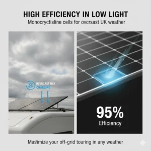 Graphic showing monocrystalline solar cell efficiency for charging motorhome leisure batteries during typical overcast UK weather.