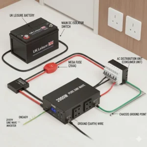 Technical wiring diagram showing the connection between a 2000W inverter, a UK leisure battery, and a consumer unit for safe motorhome power.