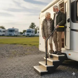 Wide motorhome entry steps paired with a high-visibility safety handrail for easier mobility access.