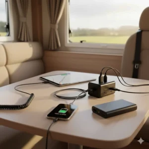 A multi-port 12V adapter charging a tablet, phone, and power bank simultaneously inside a motorhome.