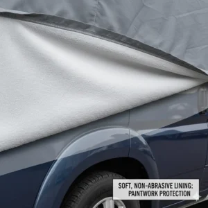 Detail of the soft, non-abrasive inner lining of a breathable cover protecting the motorhome exterior.