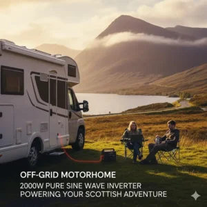 A motorhome parked for wild camping in the Scottish Highlands using a 2000W pure sine wave inverter for off-grid power.
