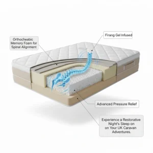 Illustration of orthopaedic memory foam providing spinal support for a better night's sleep in a caravan.