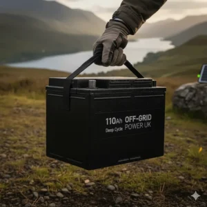 Close-up of a 110Ah leisure battery with a heavy-duty carrying handle for easy transport to remote wild camping spots.