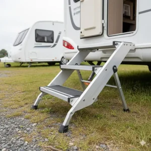 Lightweight aluminium wide-entry steps for motorhomes and caravans featuring adjustable feet for uneven UK campsites.