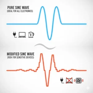 Comparison diagram of pure sine wave versus modified sine wave output showing the clean energy required for sensitive UK electronics and appliances.