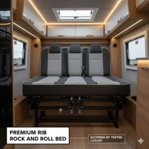 A premium RIB rock and roll bed by Scopema, a high-end M1 tested seating option for UK campervan conversions.