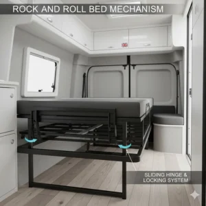 Illustration showing the sliding hinge mechanism and locking system of a metal-framed rock and roll bed for a campervan.