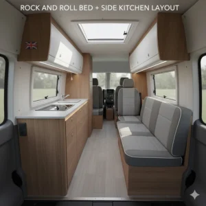 A classic UK campervan interior layout featuring a rock and roll bed alongside a side-mounted kitchen unit.