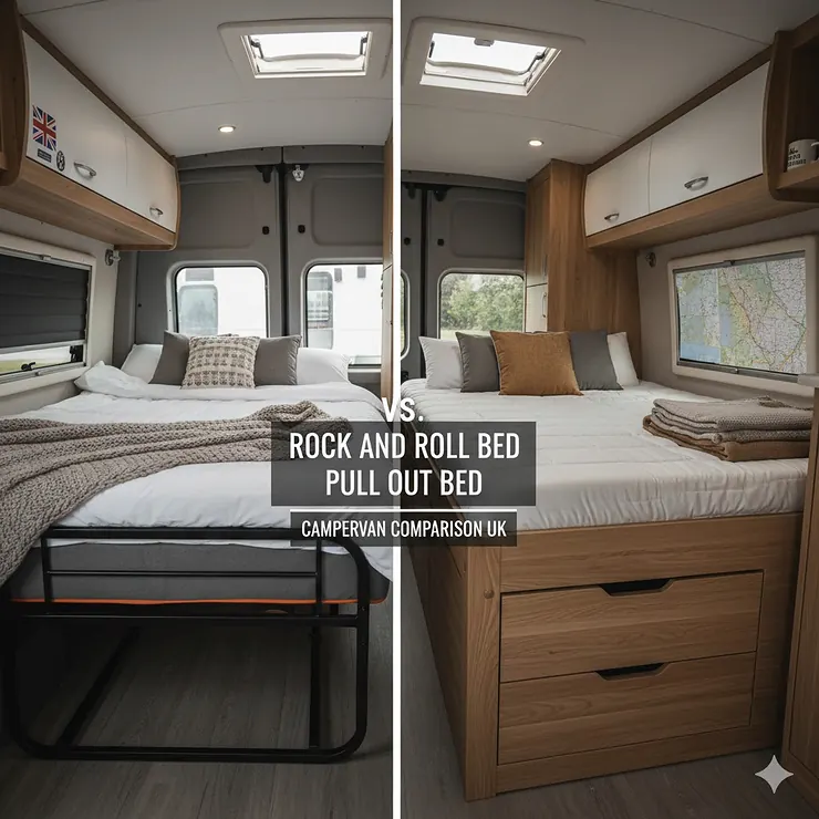 A side-by-side comparison of a rock and roll bed and a wooden pull-out bed inside a modern UK converted campervan. rock and roll bed vs pull out bed campervan comparison