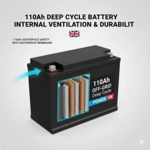 Cutaway view of a maintenance-free 110Ah battery showing safety venting features for use in damp British climates.