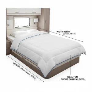 Illustration showing dimensions of a caravan duvet specifically designed for short length beds.
