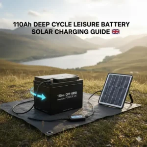 Illustration of a portable solar panel setup charging a 110Ah battery for sustainable wild camping power.