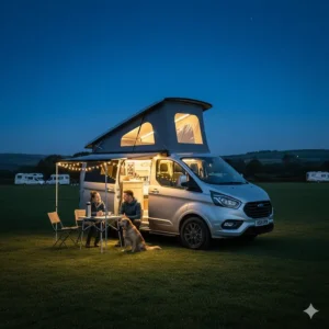 Night-time shot of a Transit Custom SWB camper conversion with the elevating roof lights on, parked at a UK campsite.