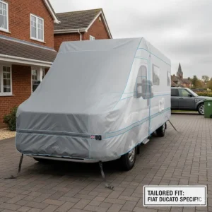 Technical drawing showing the tailored fit of a cover over the specific cab shape of a Fiat Ducato.