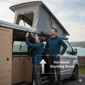 Illustration showing the increased standing headroom inside a SWB Transit Custom with the elevating roof raised.