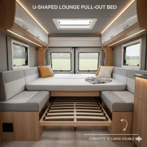 A spacious U-shaped lounge at the rear of a campervan that converts into a large double pull-out bed.