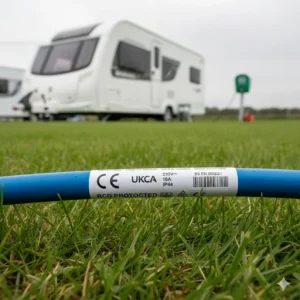 UK safety certification markings and CE/UKCA labels on a 25m RCD protected caravan lead.