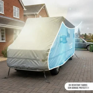 Illustration of UV-resistant fabric protecting a Ducato motorhome’s paintwork from sun damage.