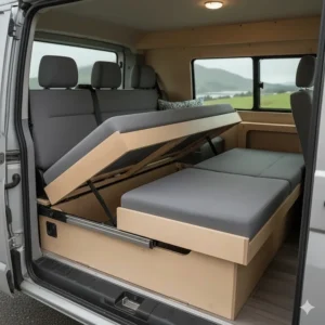 Installation of a pull-out rock and roll bed in a VW T5, a key component of an affordable DIY campervan kit.