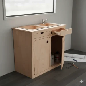 Compact campervan kitchen unit with space for a Smev hob and sink, designed for a budget VW Transporter conversion.