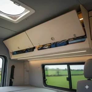 Lightweight overhead storage lockers for a VW Transporter camper conversion, maximising space on a budget.