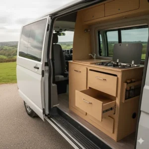 A side-door view of a compact campervan kitchen unit with sink and hob installed inside a white van, parked at a scenic UK location.