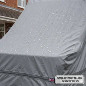 Illustration showing rainwater beading on the surface of a water-resistant and breathable van cover.