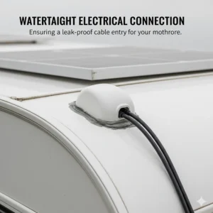 Illustration of a watertight cable entry gland on a curved motorhome roof, ensuring a leak-proof electrical connection.