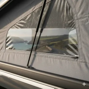 Close-up of the heavy-duty weatherproof canvas on a Transit Custom elevating roof featuring a scenic zip-out window.