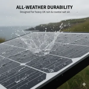 Close-up illustration of a flexible solar panel with an ETFE coating, designed to withstand heavy UK rain and coastal salt air.