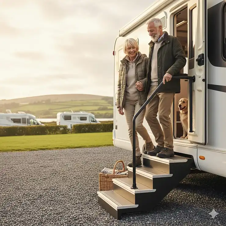 A senior couple safely entering a motorhome using wide-entry folding steps with a sturdy handrail. wide entry motorhome steps for elderly access