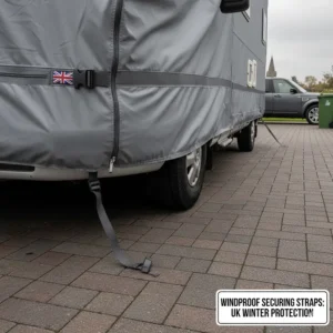 Illustration of under-base securing straps designed to keep a motorhome cover stable during UK winter gales.