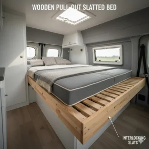 A wooden pull-out slatted bed with interlocking slats, popular for DIY campervan conversions in the UK.