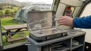 A technical diagram showing the width and depth of a 2 burner camping stove to ensure it fits on a camp kitchen unit.