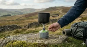 A photorealistic technical close-up showing how the brass control wire on a lightweight gas stove allows for precise flame adjustment from boil to simmer.