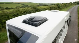 Low-angle shot of a caravan in motion on a UK road, showing the roof vent fan in its fully closed, low-profile aerodynamic position for towing.