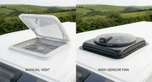 Side-by-side comparison of a manual caravan vent allowing rain inside versus a smart rain sensor fan automatically closing to remain watertight.