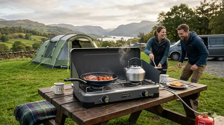 A premium 2 burner camping stove set up on a wooden picnic table in the Lake District at sunset. 2 burner camping stove