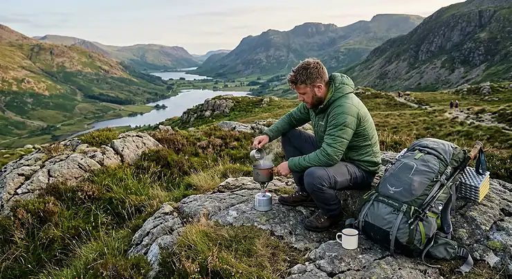 A hiker using the best backpacking stove to boil water while wild camping in the Lake District at sunset. best backpacking stove